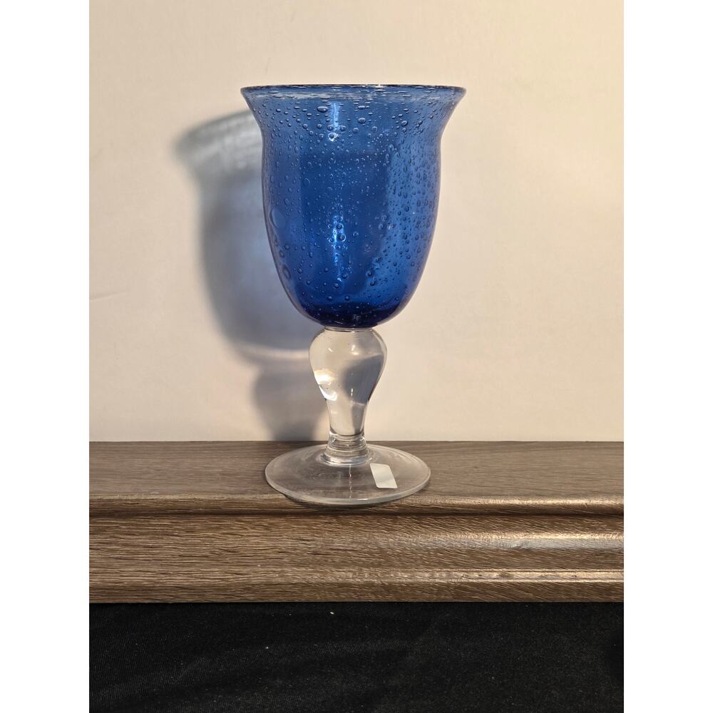 Mexican Hand Blown Blue Bubble Glass Goblet Clear Stem 7” Tall Art Glass